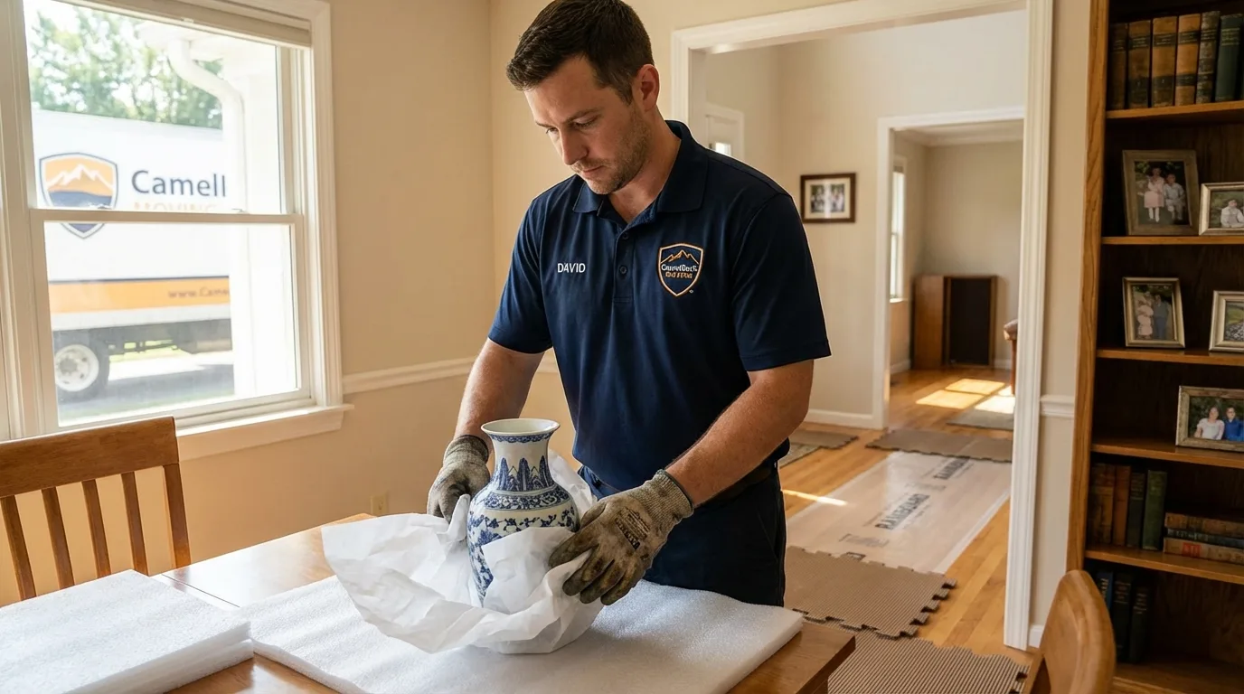 Professional crew carefully wrapping antique vase for senior downsizing move in Taylors, SC